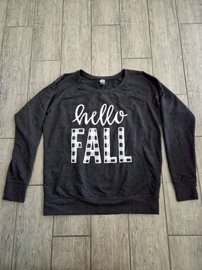 Instant Message Hello Fall Buffalo Plaid Gray Crewneck Sweater Size Women's L